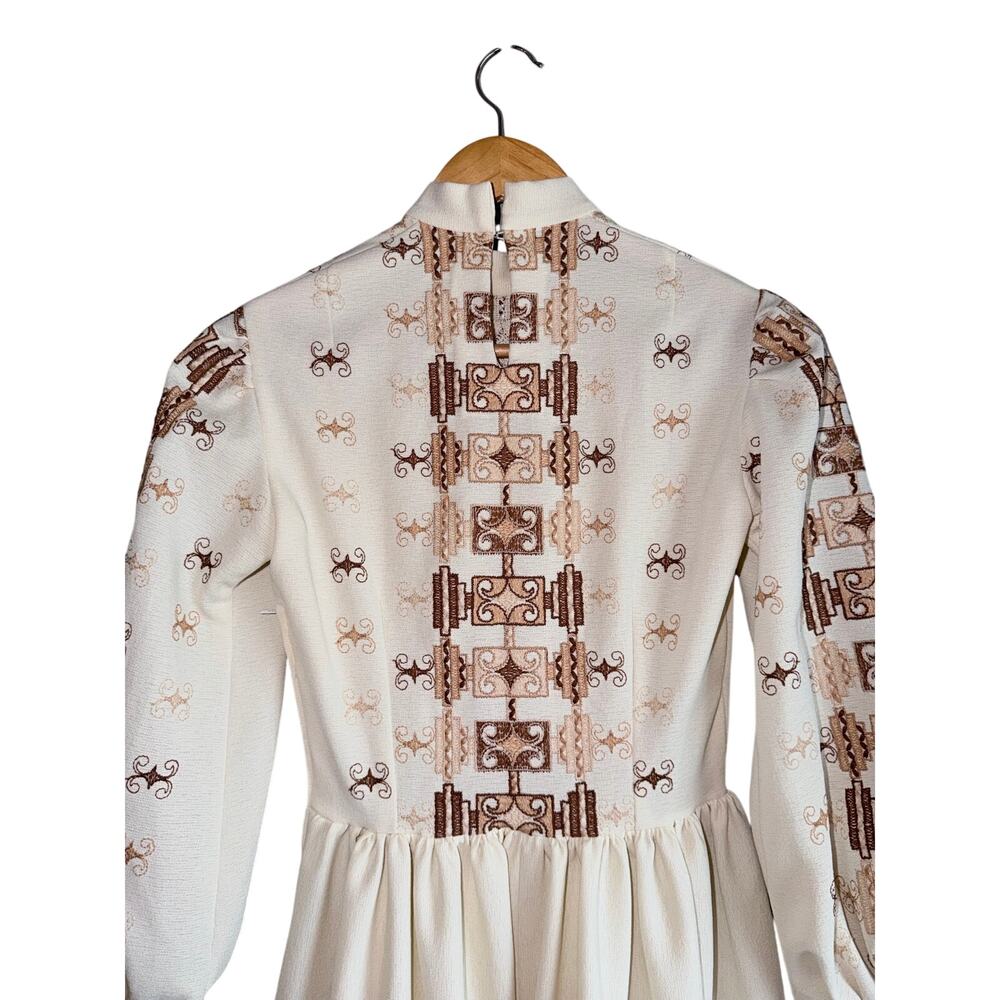 Vintage 70s Handmade Maxi Dress Brown boho retro Border Print Puff Sleeve small - Picture 9 of 9